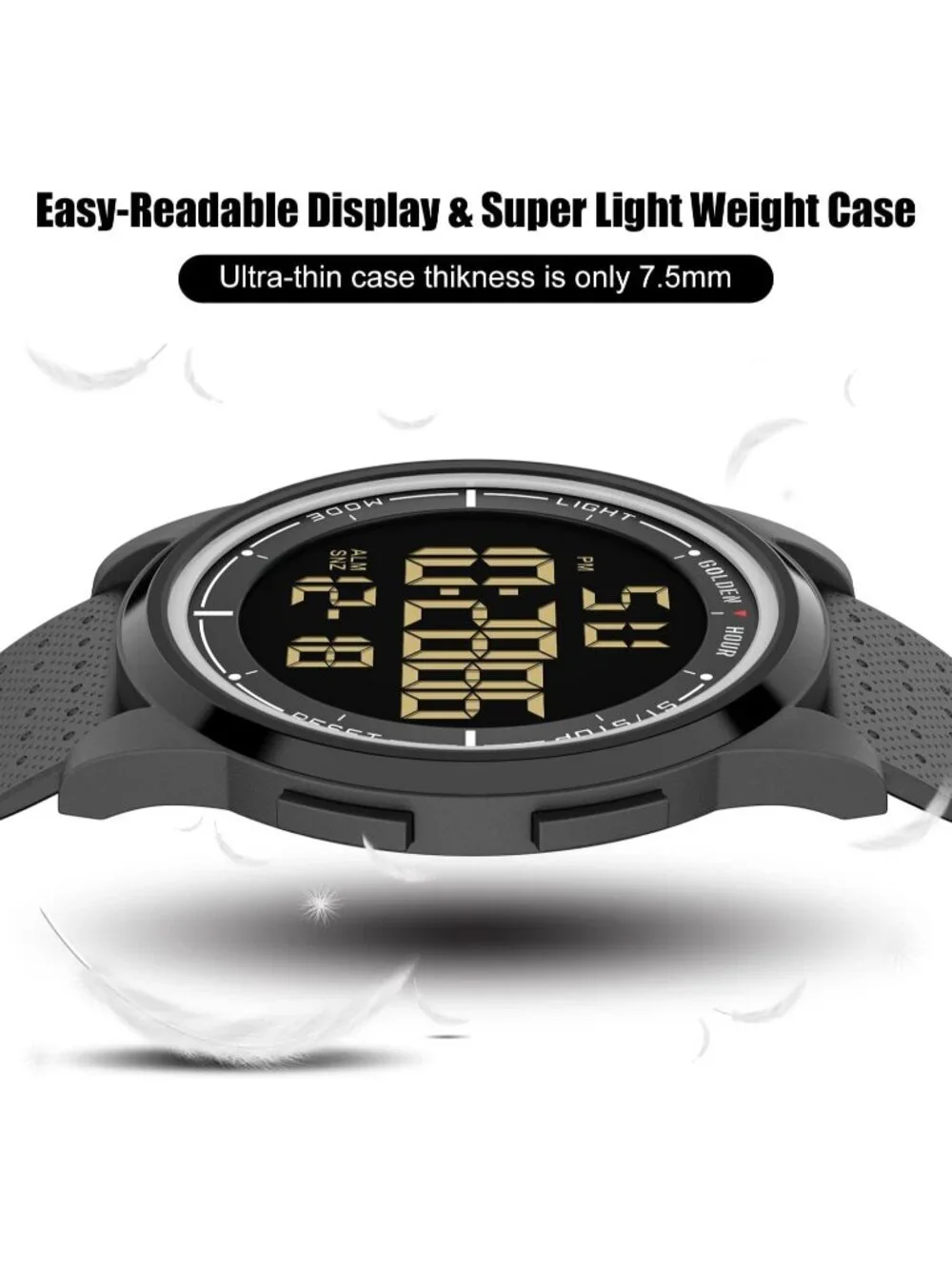 Men All Black Rubber Strap Ultra-Thin Minimalist Sports Waterproof Digital Watch
